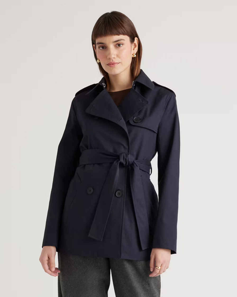 Quince Women Comfort Stretch Short Trench Coat Size M Navy